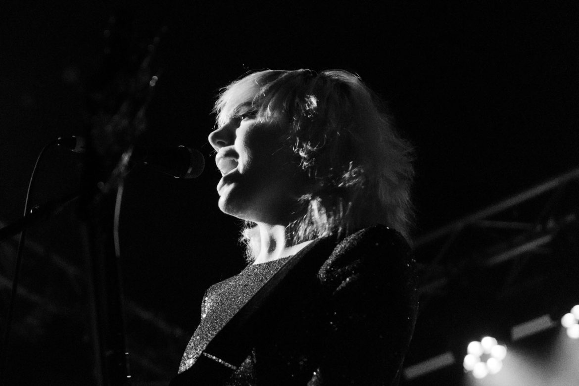 Julia Cumming of Sunflower Bean on stage at Glasgow Art School on 26 November 2018