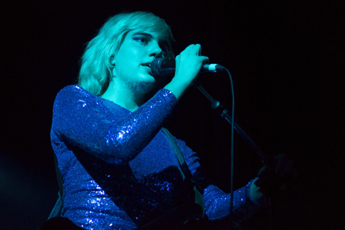 Julia Cumming of Sunflower Bean on stage at Glasgow Art School on 26 November 2018