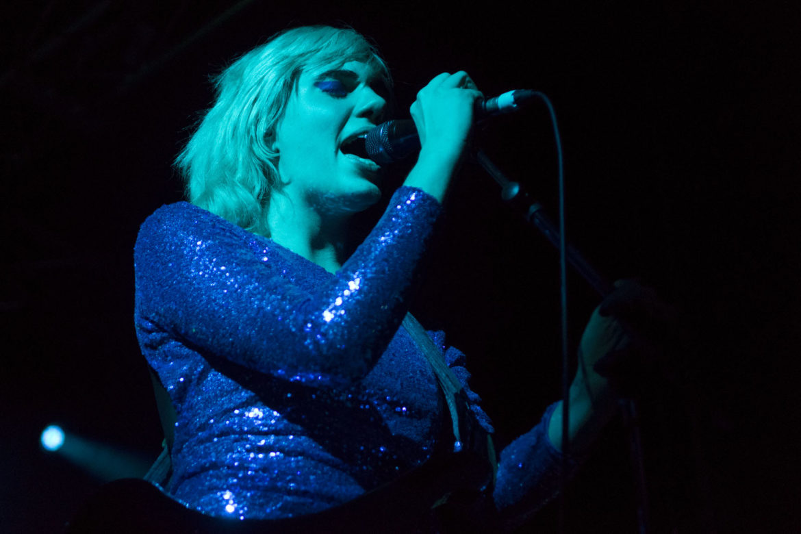 Julia Cumming of Sunflower Bean on stage at Glasgow Art School on 26 November 2018